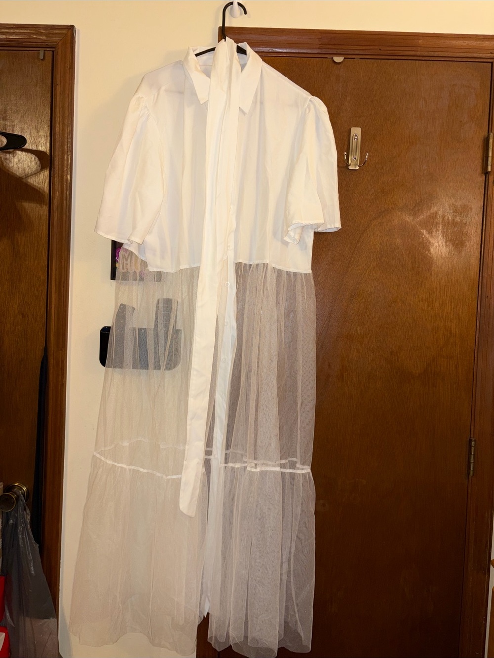 Sheer White Tulle Button-Down Dress with Collar